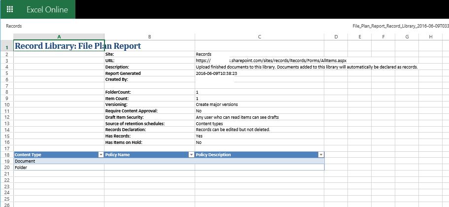 Records Library: File Plan Report in Excel
