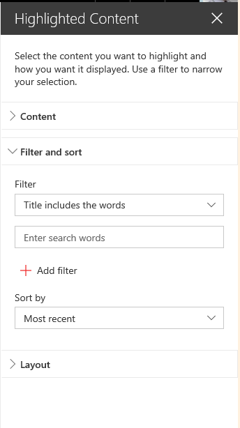 filter filter in the Highlighted Content web part