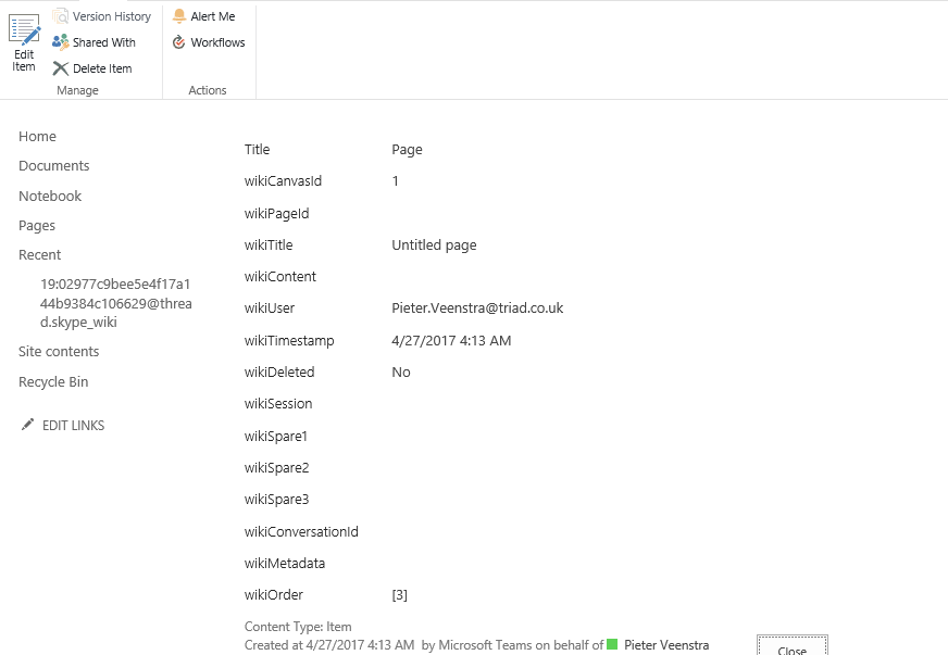 pageitem Office 365 - Microsoft Teams - a look under the hood of the wiki pages