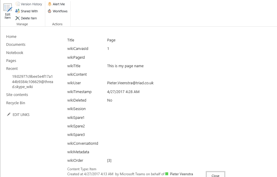 pageitemupdated Office 365 - Microsoft Teams - a look under the hood of the wiki pages