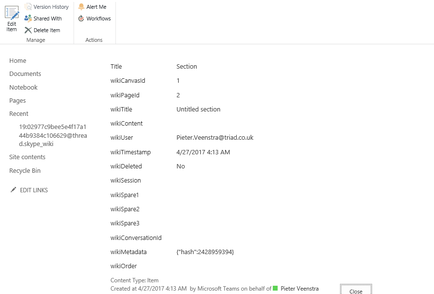 sectionitem Office 365 - Microsoft Teams - a look under the hood of the wiki pages