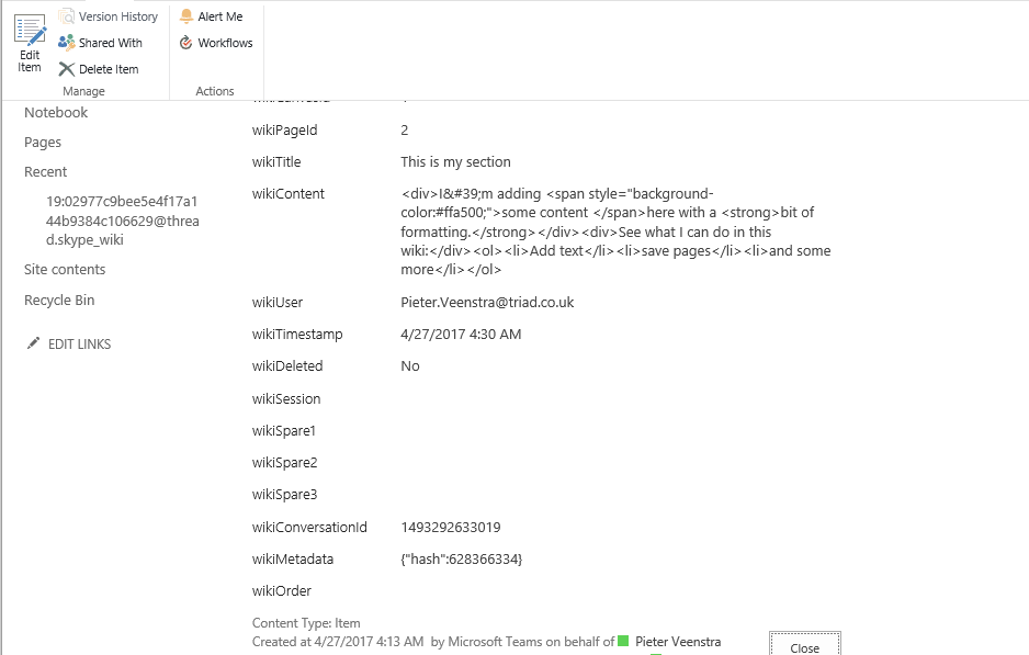 sectionitemupdated Office 365 - Microsoft Teams - a look under the hood of the wiki pages