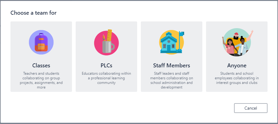 choose a team for Educational tenant team templates