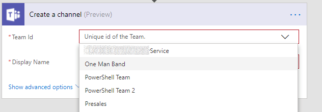 create a channel1 Microsoft Teams actions in Flow