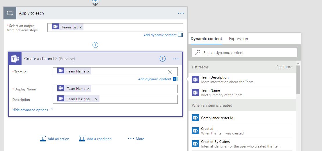 create channel Microsoft Teams actions in Flow