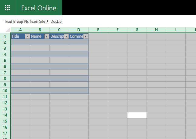 success Excel table in Excel online