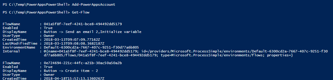 connected Microsoft Flow - use PowerShell to manage your flows