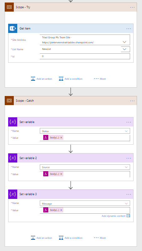 Try Catch pattern in my Flow with Power Automate Set the variables in the catch section of the flow