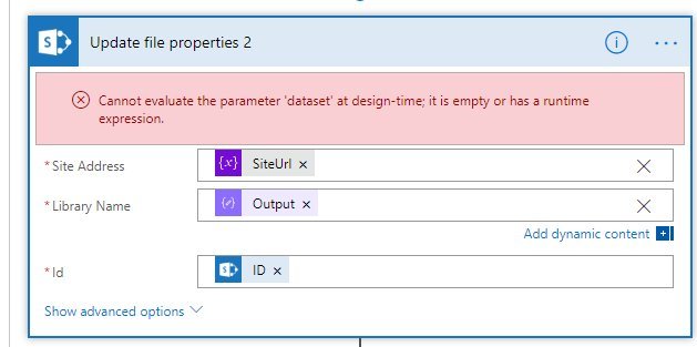 faileddataset Cannot evaluate the parameter 'dataset' at design-time; it is empty or has a runtime expression