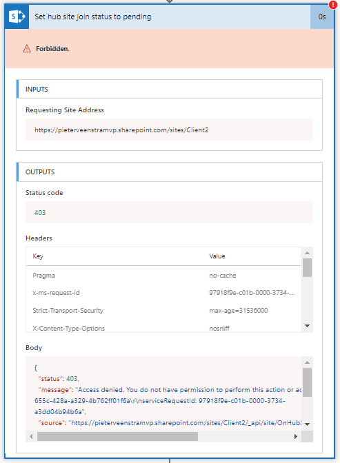 Set hub site join status to pending Forbidden message Set hub site join status to pending Forbidden message