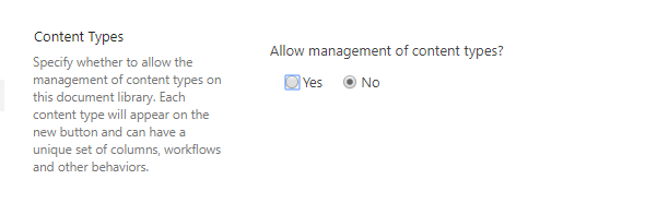 Allow management of content types set to No Allow management of content types set to No