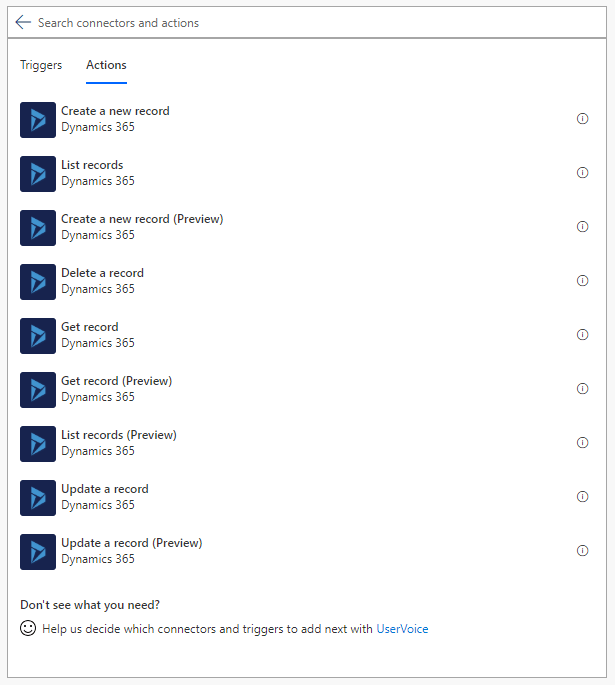 Actions in Dynamics 365 connector in Flow