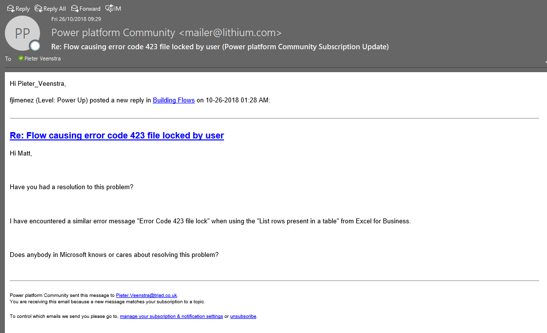 An example email with data