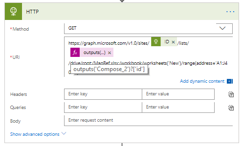 HTTP request calling MS Graph reading range