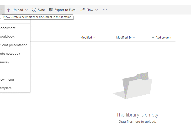 New option in document library showing Edit New menu and Add template options