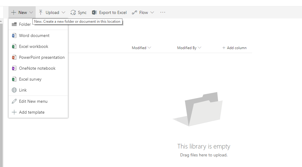 New option in document library showing Edit New menu and Add template options