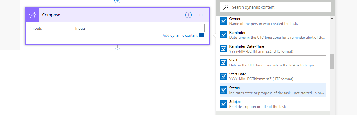 Get the task status using dynamic content