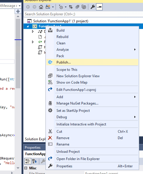 Publish the function in Visual Studio
