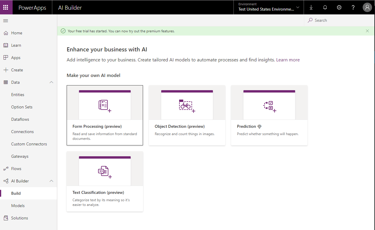 The 4 different modelling options in AI Builder The 4 different modelling options in AI Builder