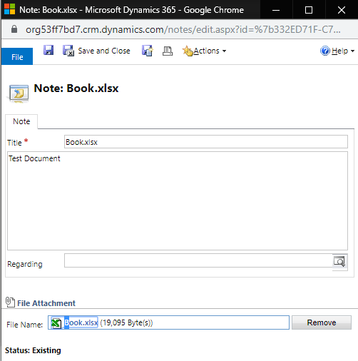 mynoteincrm Note in dynamics showing excel file