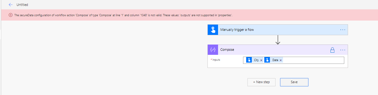 The secureData configuration of workflow action Compose The secureData configuration of workflow action Compose