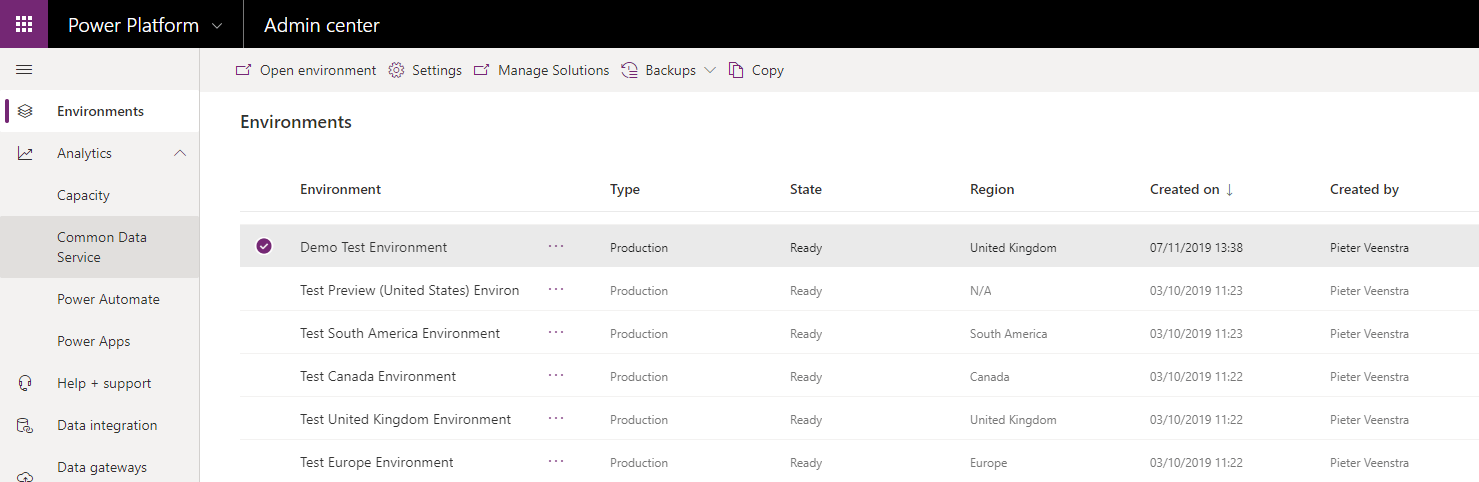 Environments in Power Apps with back up option