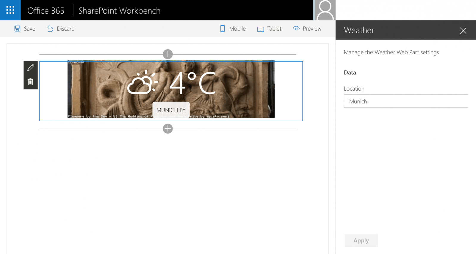 preview Weather Web Part displayed in SharePoint Workbench