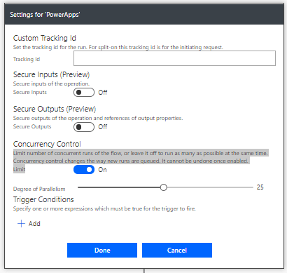 Concurrency setting enabled on the Power Apps trigger