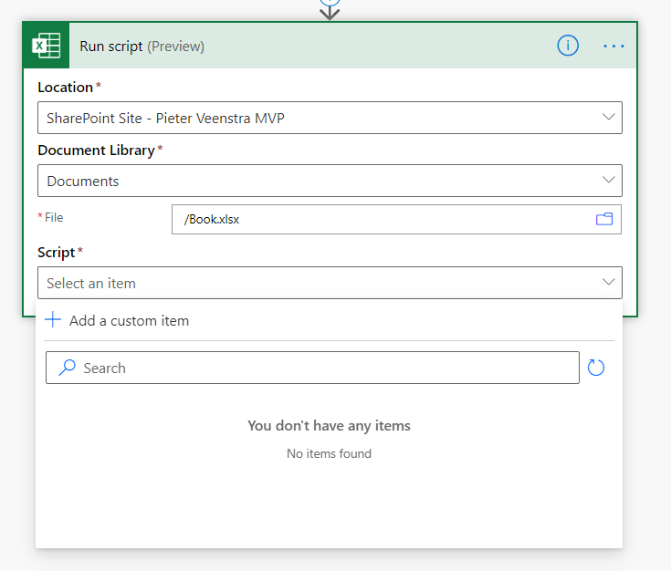 Run Script in the excel connector