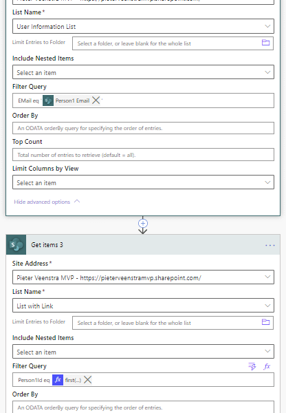 Filter by a SharePoint people field in Get items action in Power Automate