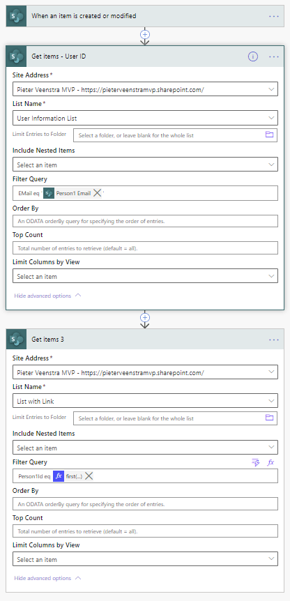 Filter by a SharePoint people field in Get items action in Power Automate