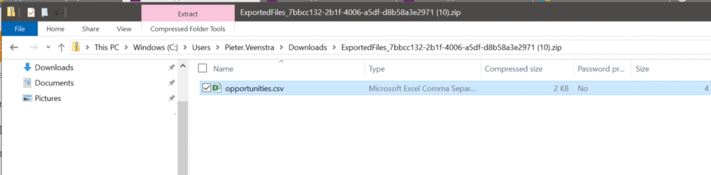 Data exported as csv file