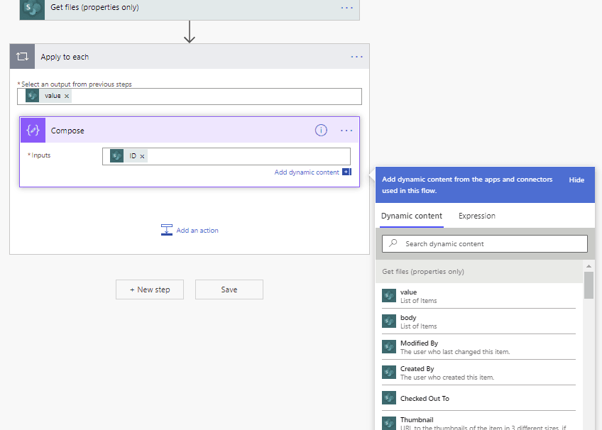 get files followed byu compose action getting the id Wanted Apply to Each