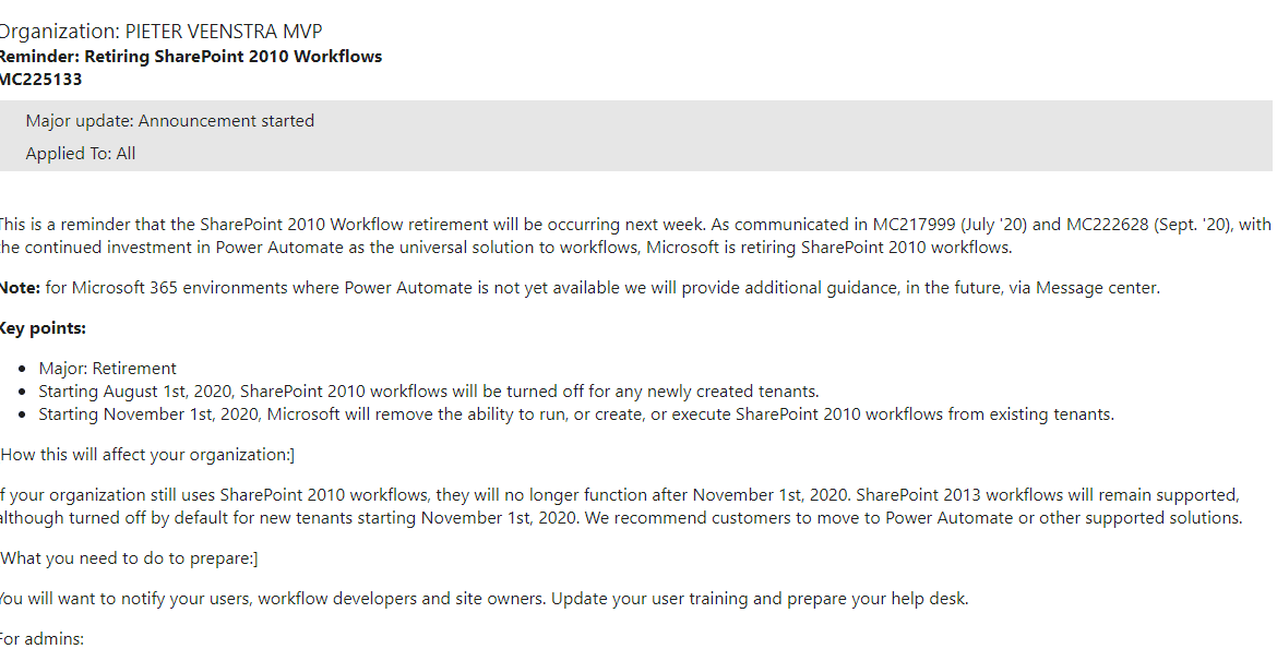SharePoint 2010 Workflows Retiring