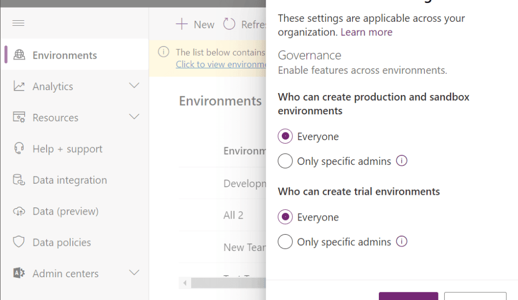 Who can create new environments in the Power Platform