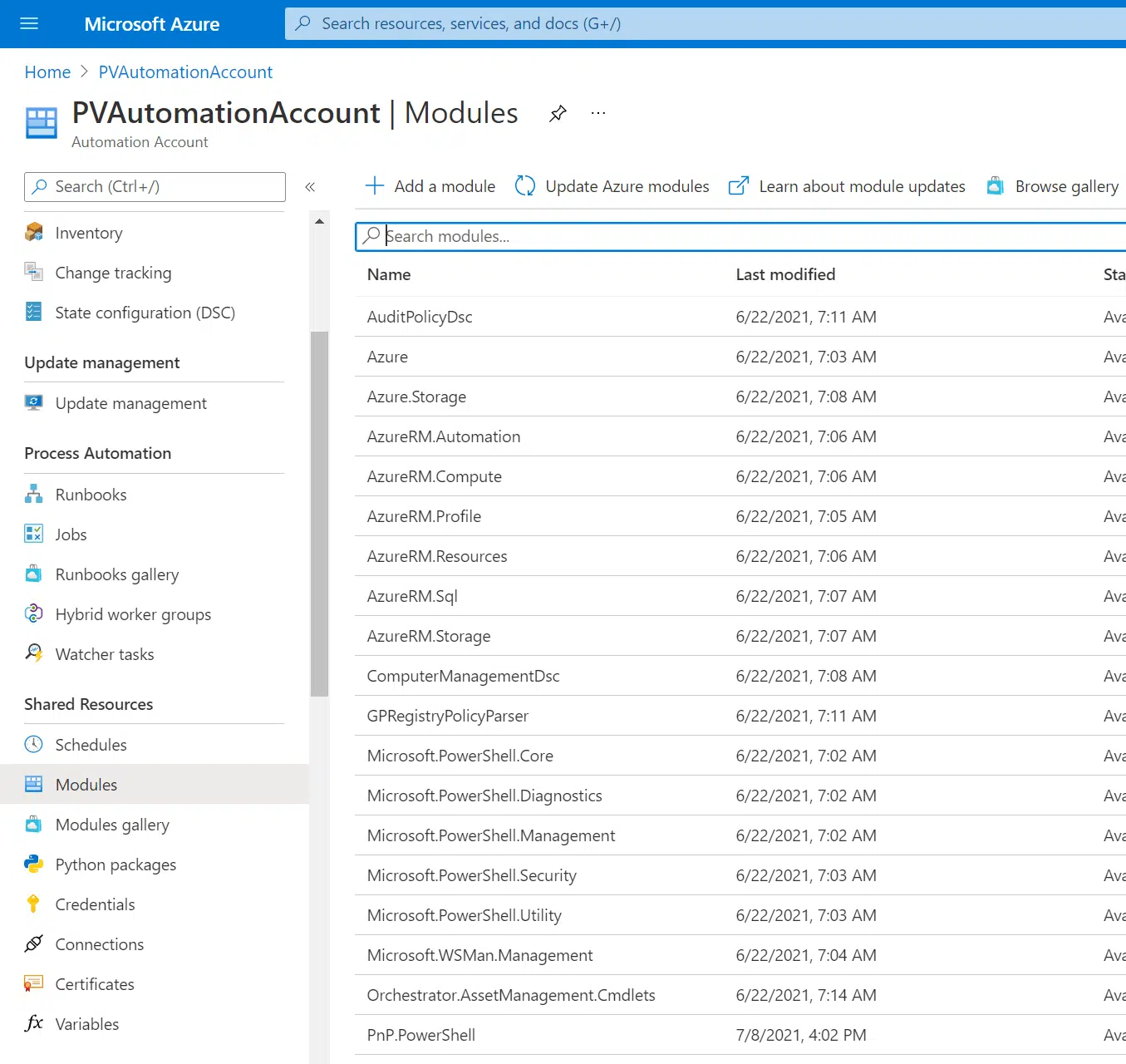 azure automation account modules Azure Automation Account modules