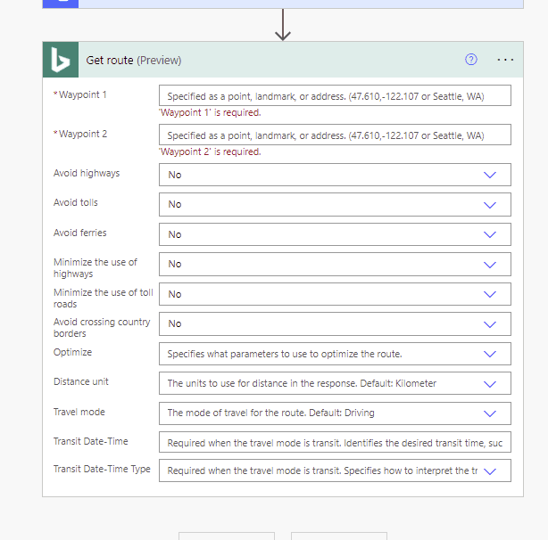 get route accepted the api key Calculate travel distance using Power Automate