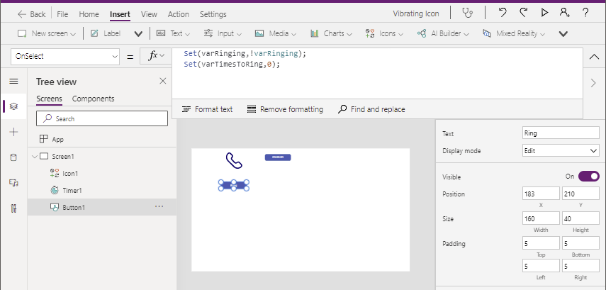 Create vibrating icons in Power Apps