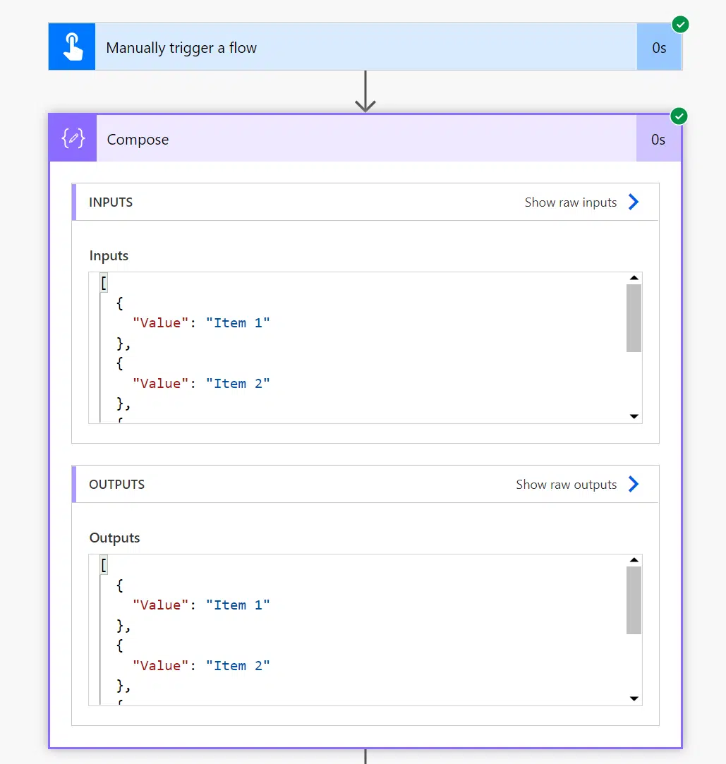 Compose action with 4 items in the flow run output