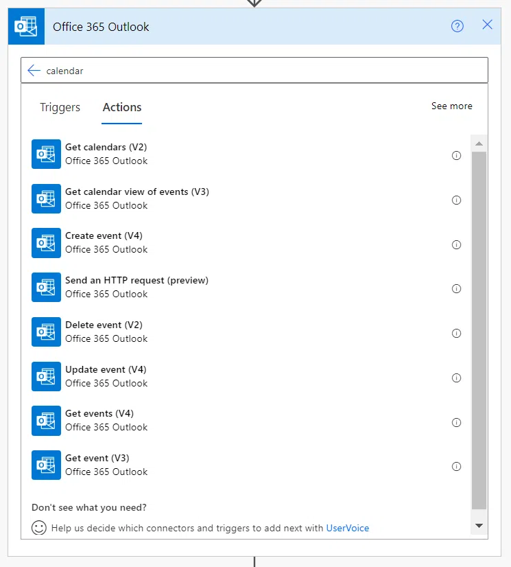 image 26 Calendar actions available within the Office 365 Outlook connector