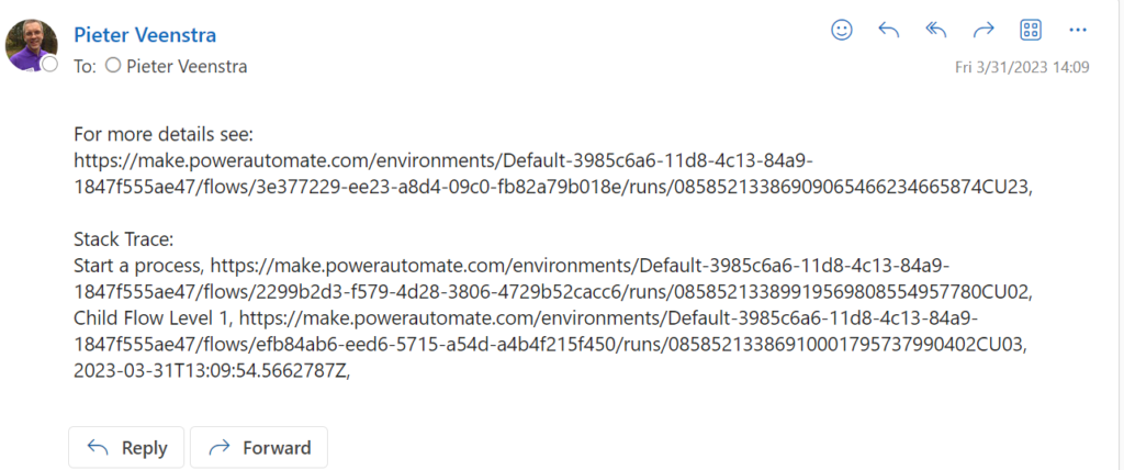 Stack Trace in an error handling email form Power Automate