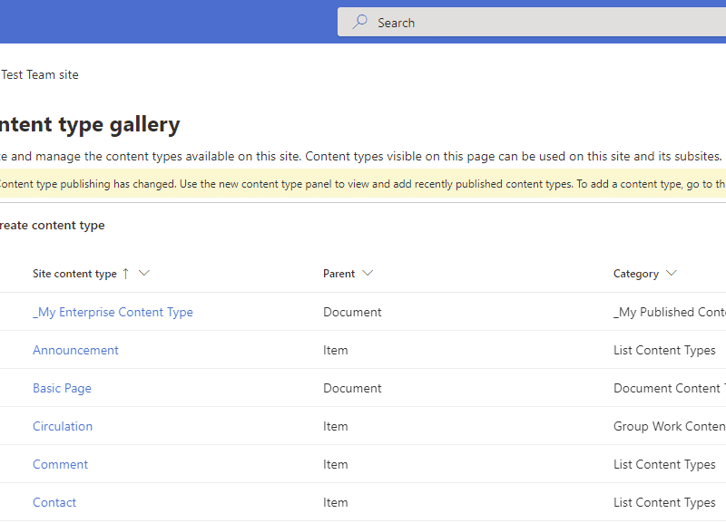 Enterprise Content Type shown in site's content type gallery
