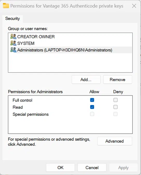 Permissions for private keys