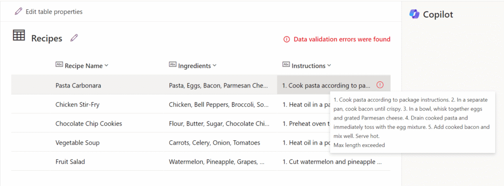 Example recipes generated by Copillot, however instructions field isn't large enough