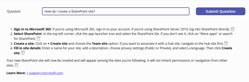 Microsoft 365 Self-Help responding to our question