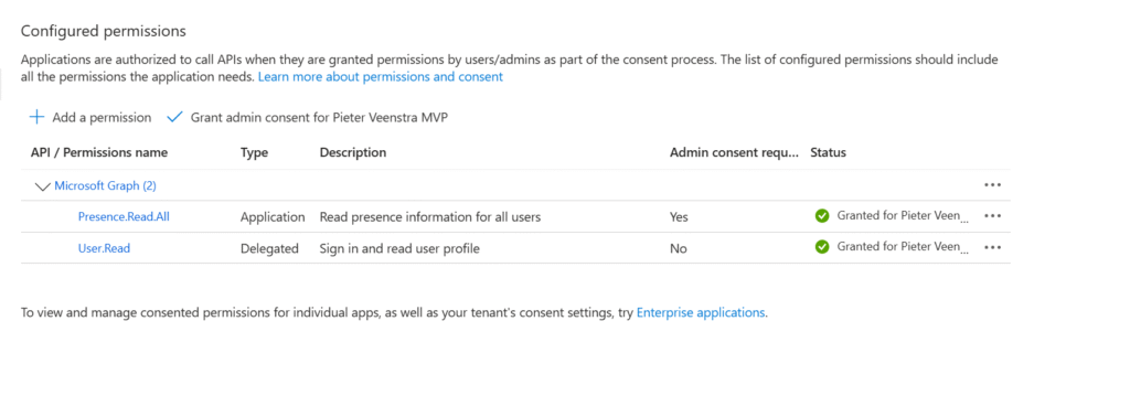 image 6 App registration with Presence permissions