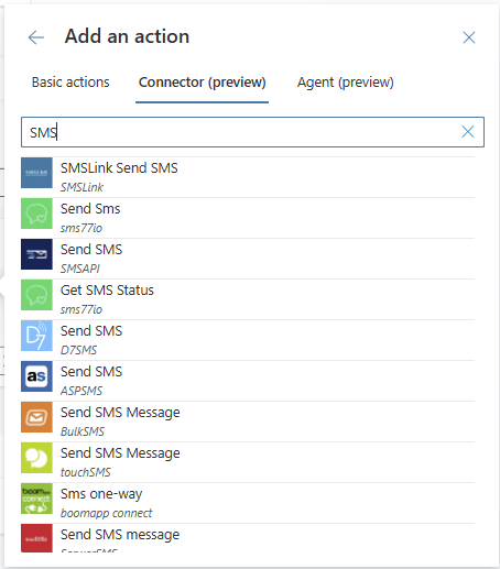 Using search to find the SMS related actions
