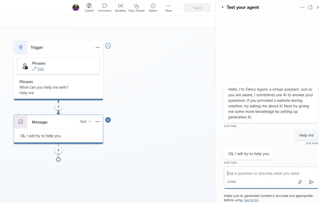 Phrases trigger in Copilot in action