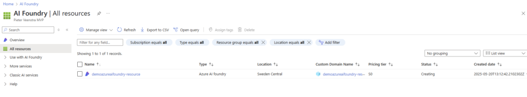 Check in Azure Portal the resources created