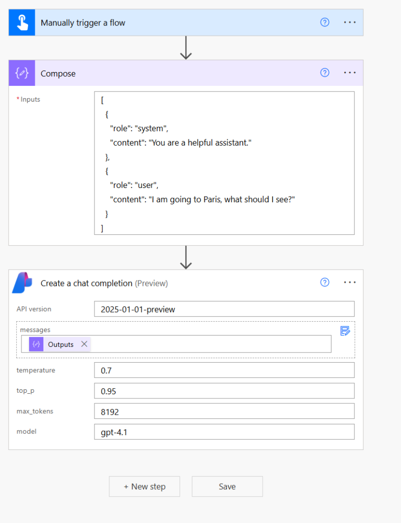 A flow showing the Azure AI Foundry chat completion action